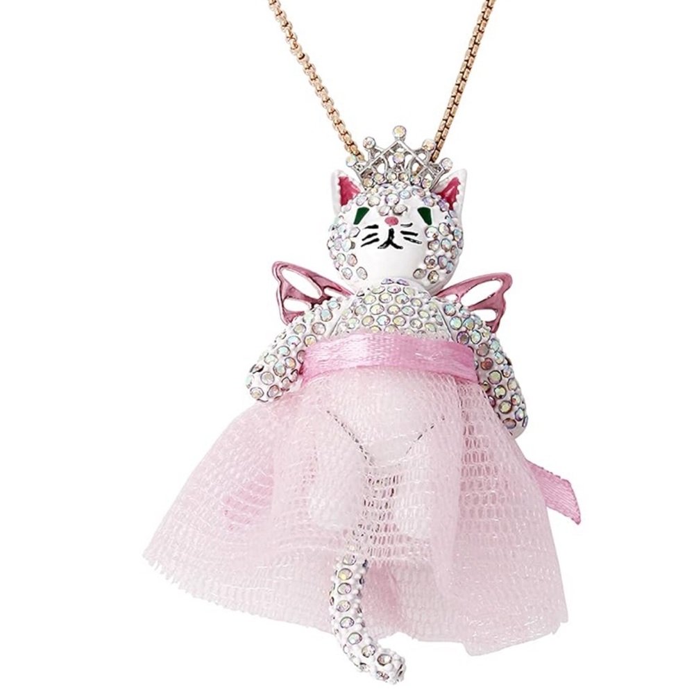 NEW Betsey Johnson Sugar Plum Fairy Kitty Necklace Rhinestone